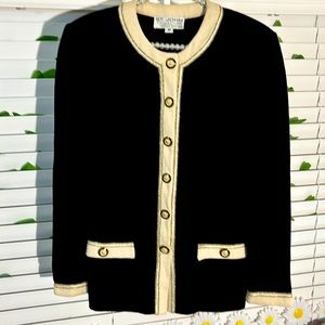St. John Collection Santana knit black and cream sweater jacket with gold snaps